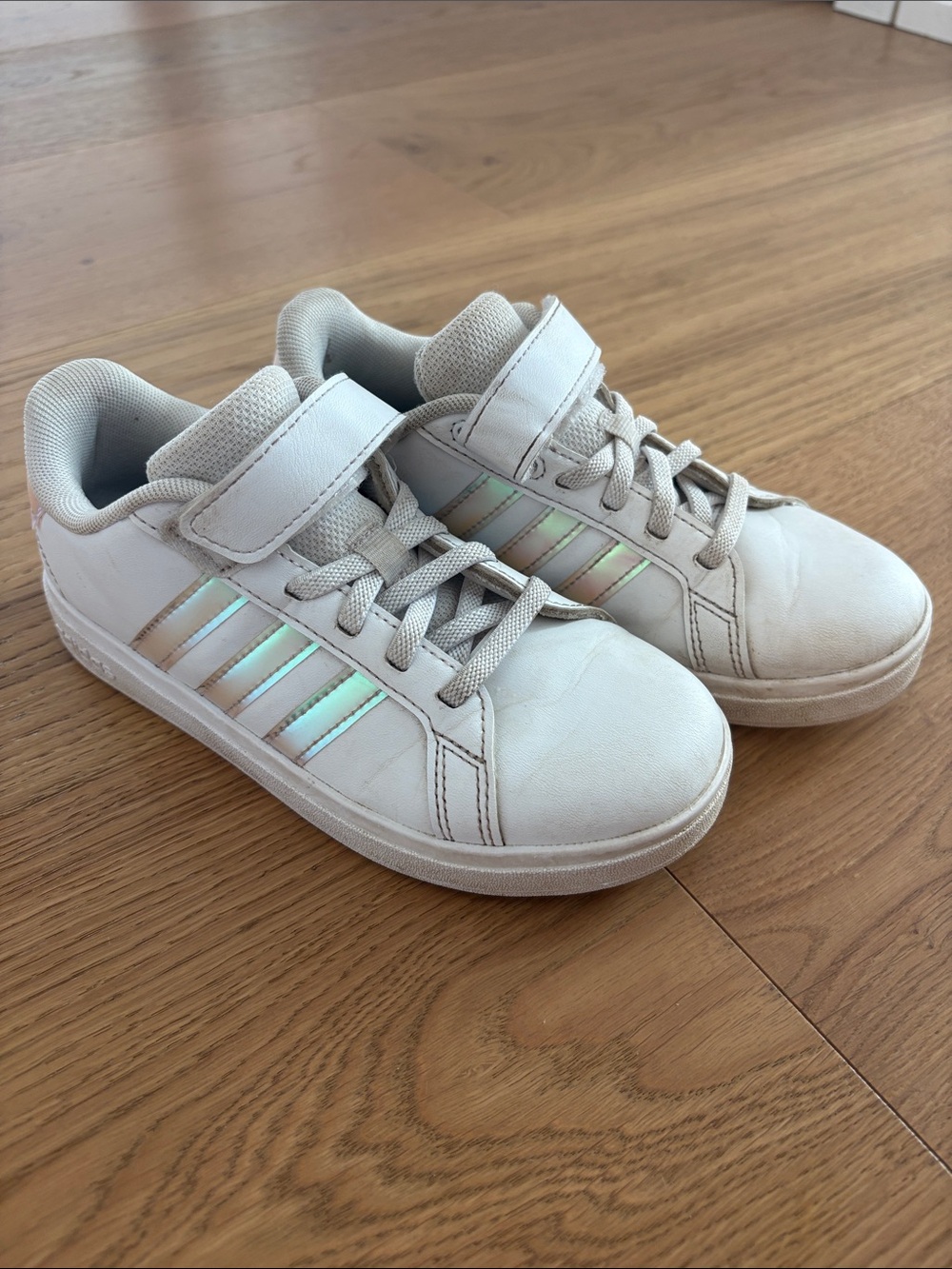 adidas Kids White Sneakers with Iridescent Three Stripes